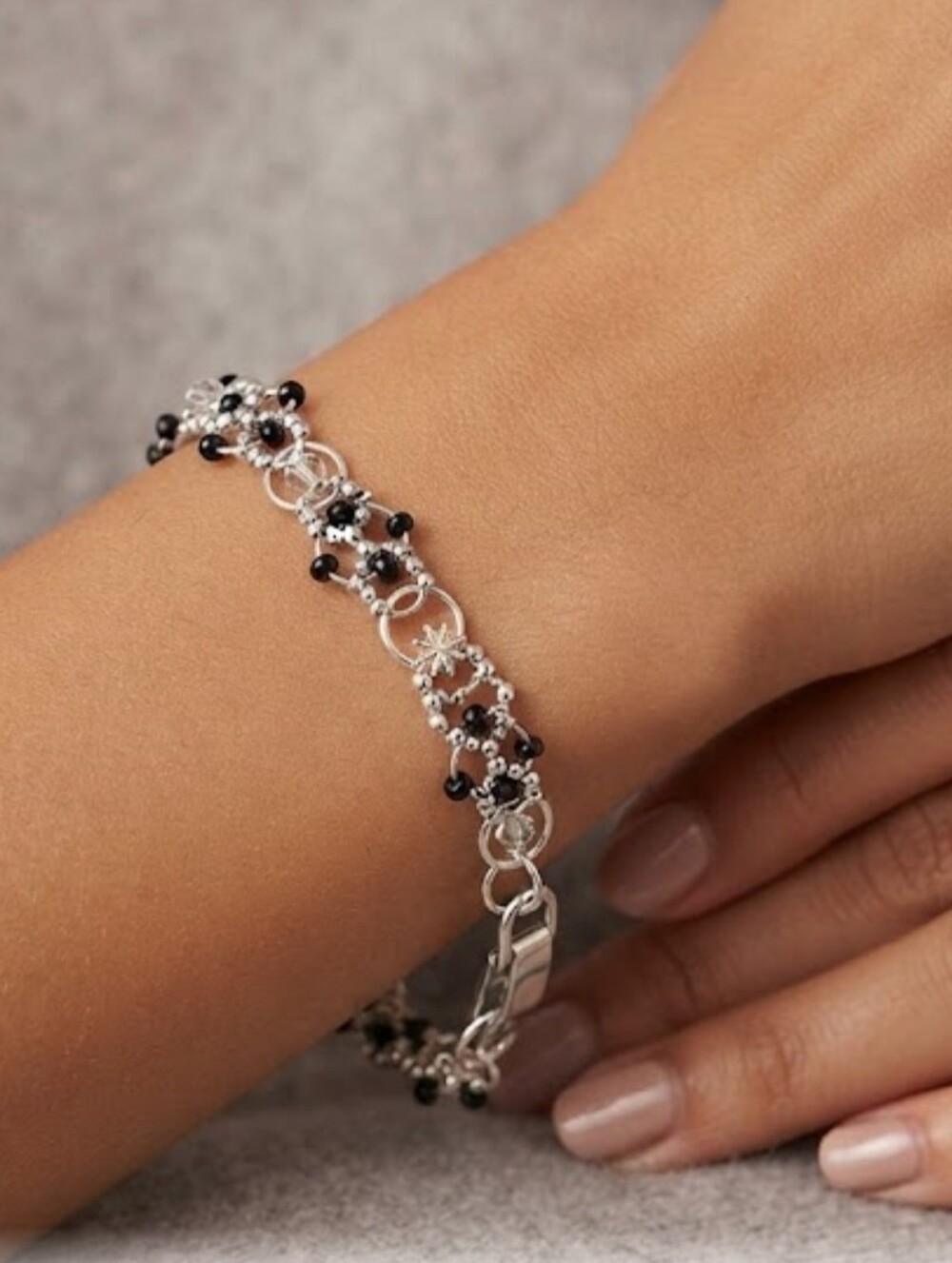 Women's Black And silver Beaded Embellished Statement Bracelet - Picture 7 of 16